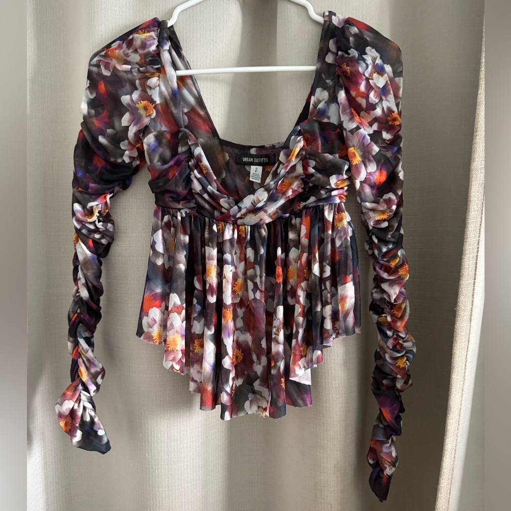 Urban Outfitters Floral Ruffle Ruched Mesh Long Sleeve Babydoll Top